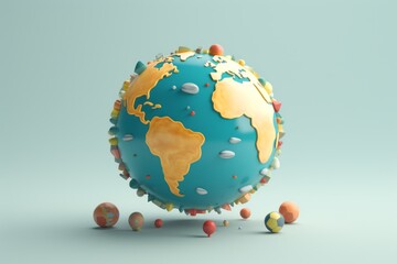 3D Earth model surrounded by decorative spheres, a minimalist approach set on a soothing teal and peach gradient backdrop.