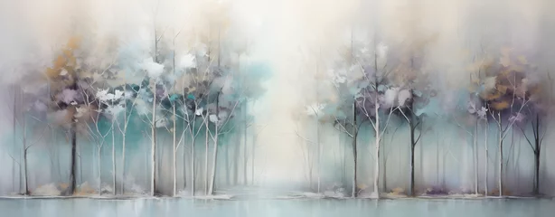 Fototapeten watercolour drawing forest landscape of dry trees in winter with fog background © sam