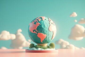 Colorful globe with miniature trees against a soft green backdrop, a journey through geography.