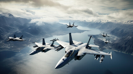 a group of fighter jets flying together over water, Fighter jets flying in formation over the ocean