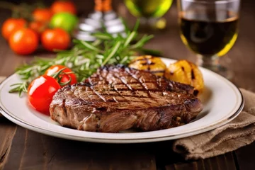 Foto op Plexiglas ribeye steak on a plate, garnished, resting after grilling © altitudevisual