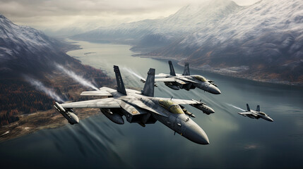 a group of fighter jets flying together over water, Fighter jets flying in formation over the ocean - Powered by Adobe