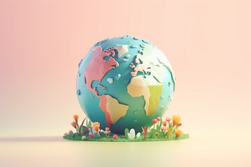 3D Earth model surrounded by decorative spheres, a minimalist approach set on a soothing teal and peach gradient backdrop.
