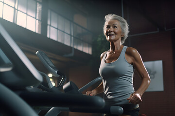Athletic elderly woman on treadmill in a gym, doing cardio before workout