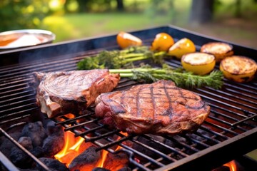 outdoor scene with grilled ribeye on a bbq