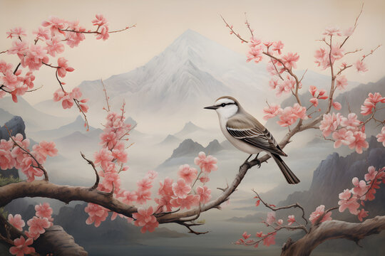 painting pattern of bird standing on tree branch with beautiful pink flowers and mountain background