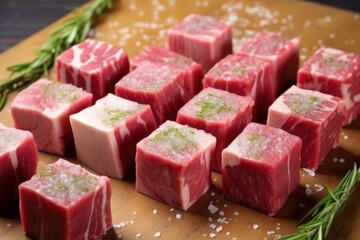 ribeye steak cut in cubes, raw, ready for skewers