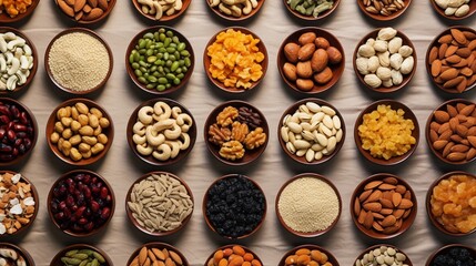 A birds-eye view of a variety of nuts and dried fruits meticulously arranged in individual bowls on a pastel tablecloth.