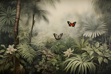 wallpaper jungle landscape and leaves tropical forest mural with butterflies old drawing vintage background - obrazy, fototapety, plakaty