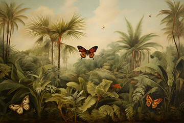 wallpaper jungle landscape and leaves tropical forest mural with butterflies old drawing vintage background - obrazy, fototapety, plakaty