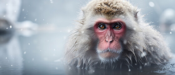 Front view of a snow monkey on winter background. Wild animals banner with empty copy space