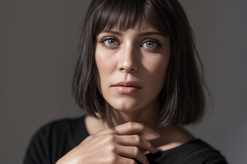 Fototapeta premium Beautiful woman portrait in black stands on a gray background