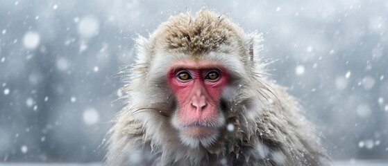 Front view of a snow monkey on winter background. Wild animals banner with empty copy space