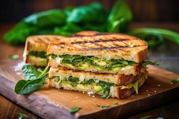 brick-pressed grilled sandwich with leaves of lettuce peeping