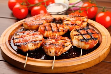 grilled scallops glazed with barbeque sauce on a wooden stand