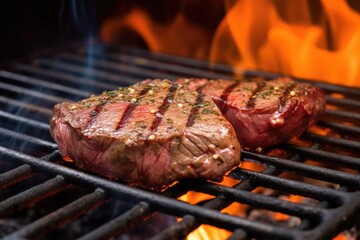 sirloin steak searing on a hot grill, with visible smoke