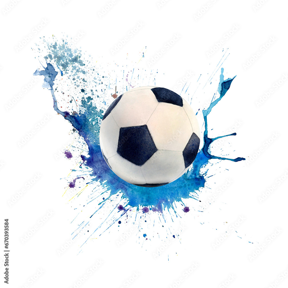 Wall mural Watercolor drawing of football ball black and white with pentagons on blue water splash spot. Illustration isolated on white background. For wallpapers logo banner icon card