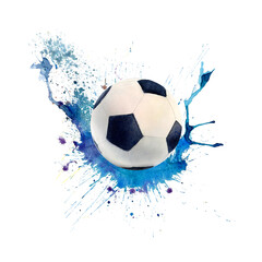 Watercolor drawing of football ball black and white with pentagons on blue water splash spot. Illustration isolated on white background. For wallpapers logo banner icon card