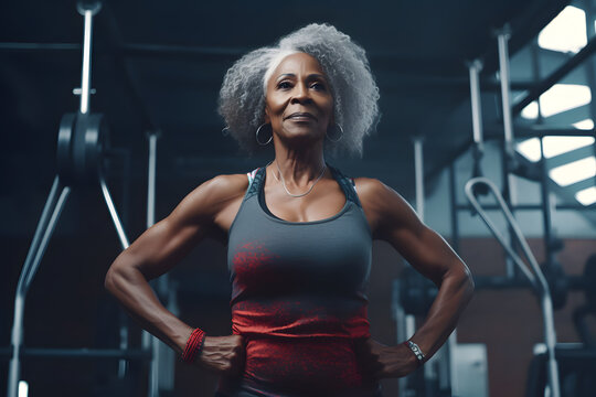 Athletic elderly muscular woman in gym before workout