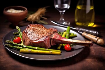 medium-cooked tomahawk served with asparagus on a plate