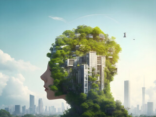 Sustainable environment concept. The image depicts human thinking towards preserving nature, reducing carbon footprint, and building sustainable urban community for green future.