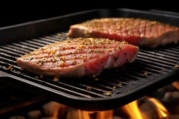 tuna steak on a hot cast-iron grill pan