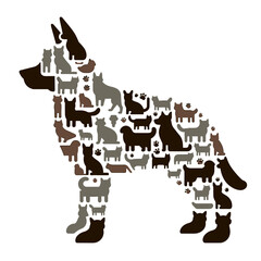 silhouette of a dog composed of cats and dogs, generative ai