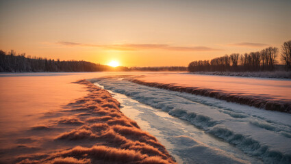 Frozen river at sunset, A frozen river stretching into the distance, with the setting sun casting a warm, orange glow on the icy surface, conveys a sense of serenity and natural beauty, generative Ai