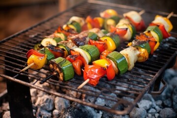 outdoor shot of a grill filled with vegetable skewers over charcoal