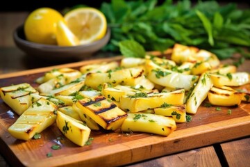 delicious grilled parsnips on a rustic wood board - obrazy, fototapety, plakaty