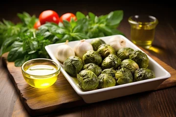 Zelfklevend Fotobehang grilled brussels sprouts displayed with an olive oil glaze © altitudevisual