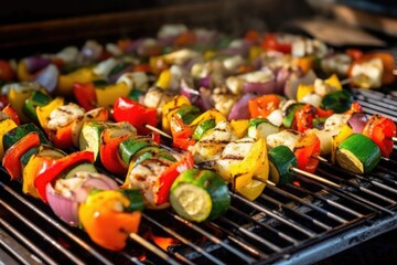 numerous grilling skewers with vegetables on a charcoal grill