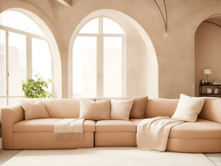 Loft home interior design of modern living room. beige sofa with terra cotta pillows against arched window near stucco wall with copy space.