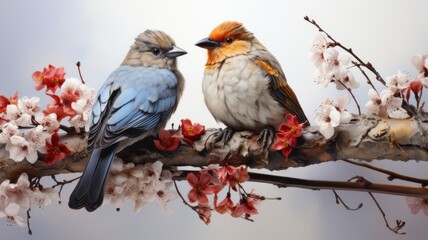 Two beautiful birds sitting on a flowery branch