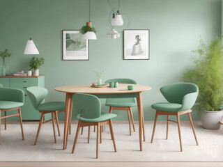 Fototapeta na wymiar Mint color chairs at round wooden dining table in room with sofa and cabinet near green wall. Scandinavian, mid-century home interior design of modern living room.