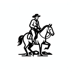 Fototapeta na wymiar cowboy riding a horse - black and white line drawing logo template