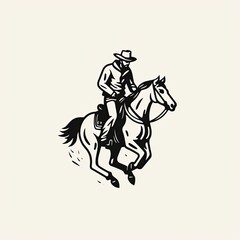 cowboy riding a horse - black and white line drawing logo template