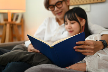 Loving young couple reading book while sitting together on sofa in living room