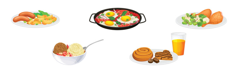 Nutritious Tasty Dishes Served on Plates Vector Set