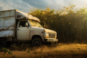 a truck in the forest, in the style light amber