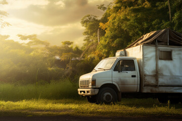 a truck in the forest, in the style light amber