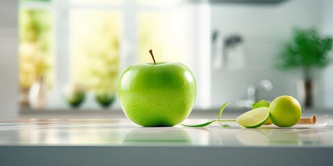 green apple on a table, Green apple on white table on white modern kitchen background with generative ai