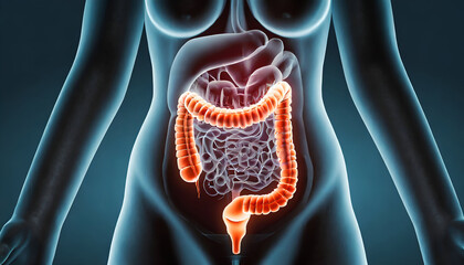 3D Visualization of the Anterior Human Large Intestine Tract in Digestive System. Generative AI - obrazy, fototapety, plakaty