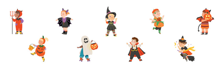 Little Kids in Halloween Costume and Dress Vector Set