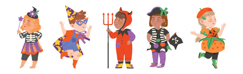 Little Kids in Halloween Costume and Dress Vector Set