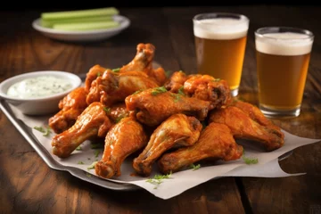 Tuinposter spicy buffalo wings, ipa beer, ranch dressing on paper © altitudevisual