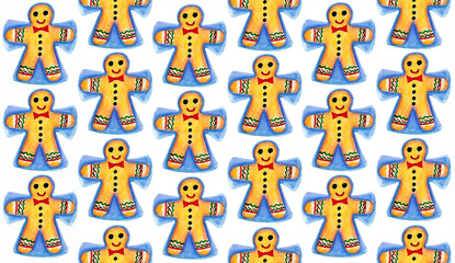 Fototapeta na wymiar Pattern of gingerbread men making snow angels on a white background. Drawing with colored pencils. Gingerbread of various orange and yellow shades. Decor from red, green, black glaze. Bow tie, smile.