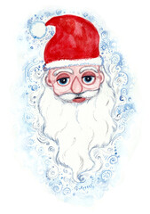 Stylized portrait of Santa Claus. Face, beard and red hat. Around are decorative elements of various shades of blue. Round blue eyes. Nose drop. Watercolor drawing isolated on white background.