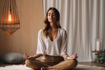 Healthy serene young woman meditating at home, relaxing body and mind sitting on floor in living room. Mental health and meditation for no stress.
