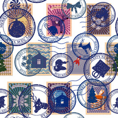 Postal stamp seamless pattern Christmas old postage stamps